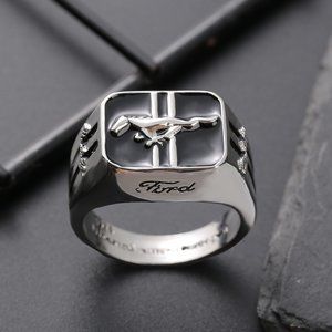Handcrafted Ford Mustang Pony Running Hose Logo Silver Ring